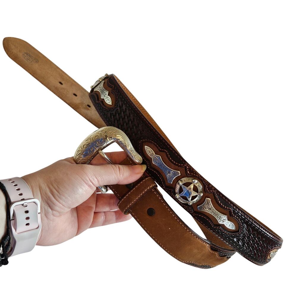 Justin Brown Odessa Star Leather Belt Men's 48 Vintage 90's Rodeo Western